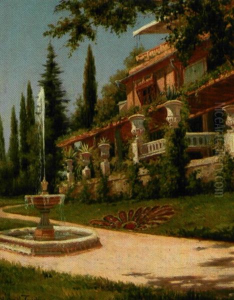 Sommerdag I En Italiensk Have Med Springvand I Forgrunden, I Baggrunden Villa Oil Painting by Holger Hvitfeldt Jerichau