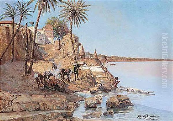 On The Banks Of The Ganges At Benares, North India Oil Painting by Holger Hvitfeldt Jerichau