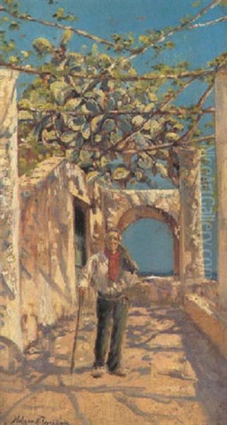 Italiener Med Rodt Torkaede I En Pergola Ved Havet Oil Painting by Holger Hvitfeldt Jerichau