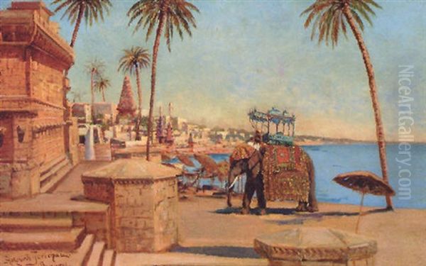 A State Elephant At The Raja, Benares Oil Painting by Holger Hvitfeldt Jerichau