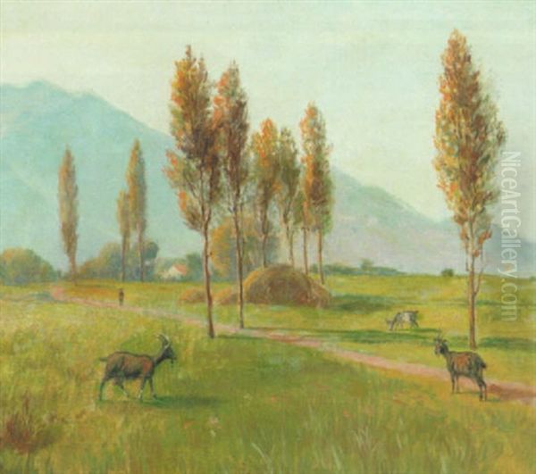 Italiensk Landskab Med Geder Og Poppeltraeer I Baggrunded Bjerge Oil Painting by Holger Hvitfeldt Jerichau