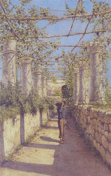 Parti Fra En Italiensk Pergola Med En Mand Baerende En Vandmelon Oil Painting by Holger Hvitfeldt Jerichau