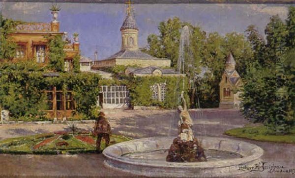 Ansicht Eines Schloschens Mit Springbrunnen Und Orthodoxer Kapelle An Einem Prachtvollen Sommertag Oil Painting by Holger Hvitfeldt Jerichau