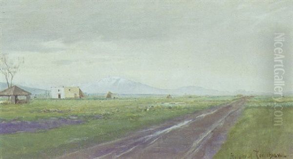 Vej Gennem Fladt Landskab, I Baggrunden Sneklaedte Bjerge Oil Painting by Holger Hvitfeldt Jerichau