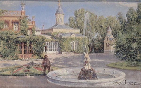 Ansicht Eines Schloschens Mit Springbrunnen Und Orthodoxer Kapelle An Einem Prachtvollen Sommertag Oil Painting by Holger Hvitfeldt Jerichau