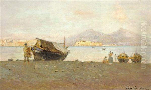 Optrukne Bade Pa Stranden Ved Neapel, I Baggrunden Castel D'ovo by Holger Hvitfeldt Jerichau