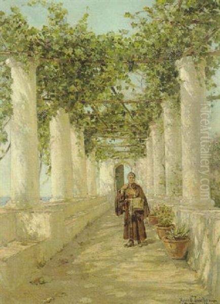 Munk I En Pergola, Capri Oil Painting by Holger Hvitfeldt Jerichau