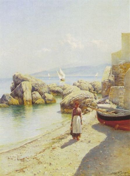 Parti Fra Marina Grande, Capri, Med Ung Kvinde Og Jolle Pa Stranden, I Baggrunden Sejlskibe Pa Vandet Oil Painting by Holger Hvitfeldt Jerichau