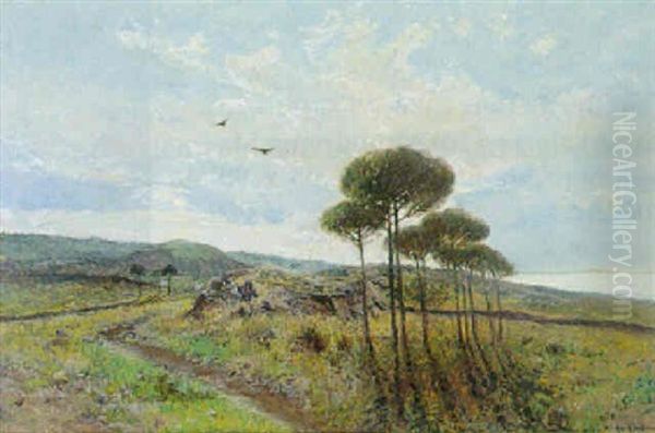 Italiensk Landskab Med Traeer, I Baggrunden Havet Oil Painting by Holger Hvitfeldt Jerichau