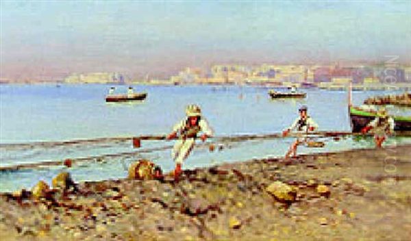 Fishermen Pulling In A Net On The Neapolitan Coast Oil Painting by Holger Hvitfeldt Jerichau