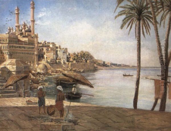 View Of Benares With Aurangzeb's Mosque And The Ghats And Figures Oil Painting by Holger Hvitfeldt Jerichau