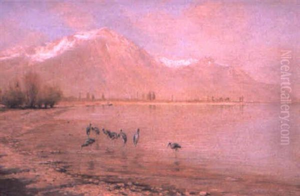 Cranes At The Edge Of Lake Leman Oil Painting by Holger Hvitfeldt Jerichau