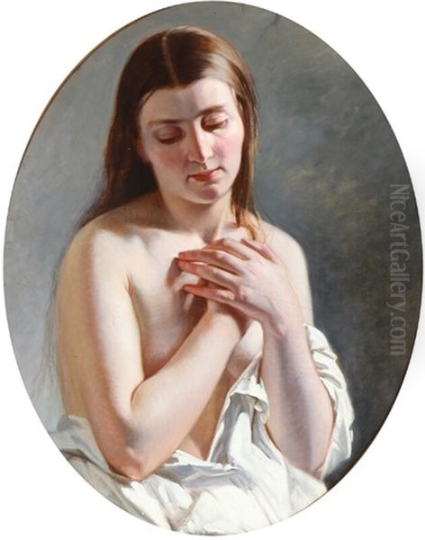 A Study Of A Young Nude Folding Her Hands Oil Painting by Elisabeth Anna Maria Jerichau-Baumann