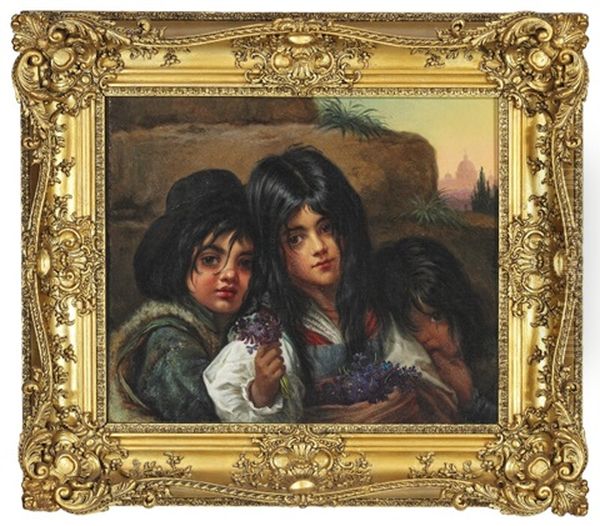 Little Roman Girls Offering Violets Oil Painting by Elisabeth Anna Maria Jerichau-Baumann