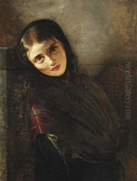 Young Italian Woman With A Red Shawl Oil Painting by Elisabeth Anna Maria Jerichau-Baumann