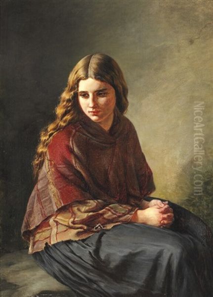 Seated Girl With Folded Hands And On Her Shoulders A Checked Shawl Oil Painting by Elisabeth Anna Maria Jerichau-Baumann