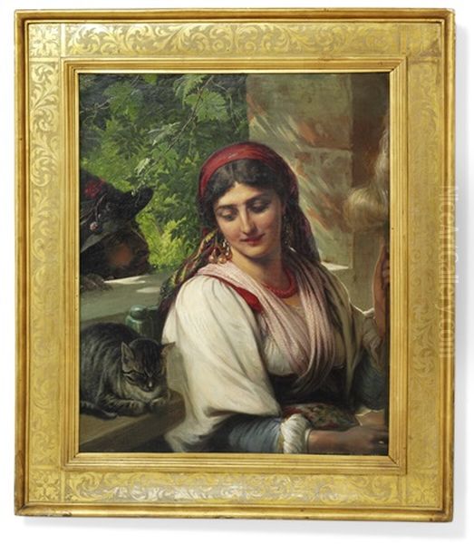 Italian Woman At The Spindle Oil Painting by Elisabeth Anna Maria Jerichau-Baumann