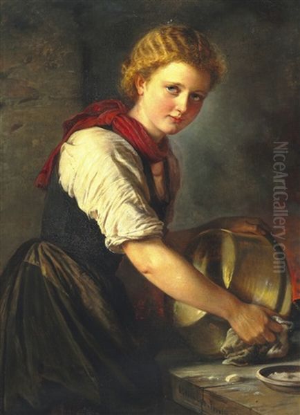 Young Girl Polishing A Copper Pot Oil Painting by Elisabeth Anna Maria Jerichau-Baumann