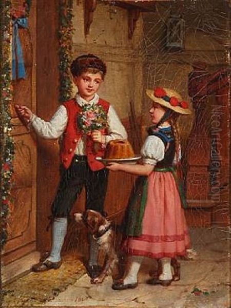 A Boy And A Girl With Cake And Flowers Knocking On A Door Oil Painting by Elisabeth Anna Maria Jerichau-Baumann