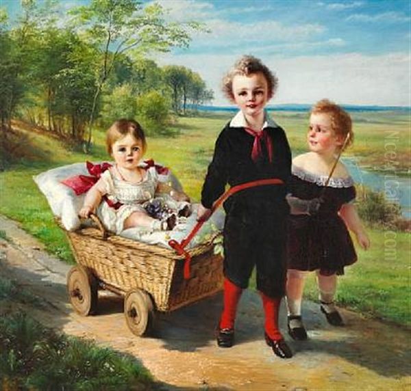 Three Children Of The Treschow Family. Summer Landscape With Frederik, Harry And Katie Oil Painting by Elisabeth Anna Maria Jerichau-Baumann