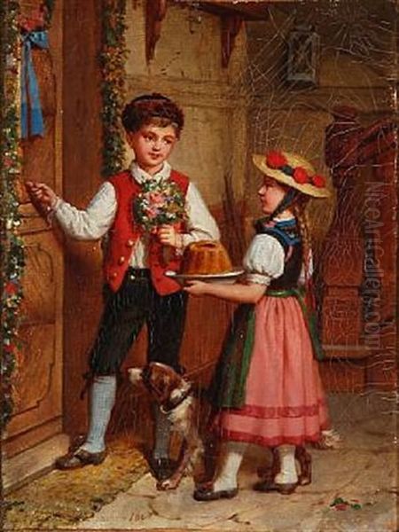 A Boy And A Girl With Cake And Flowers Knoking On A Door Oil Painting by Elisabeth Anna Maria Jerichau-Baumann