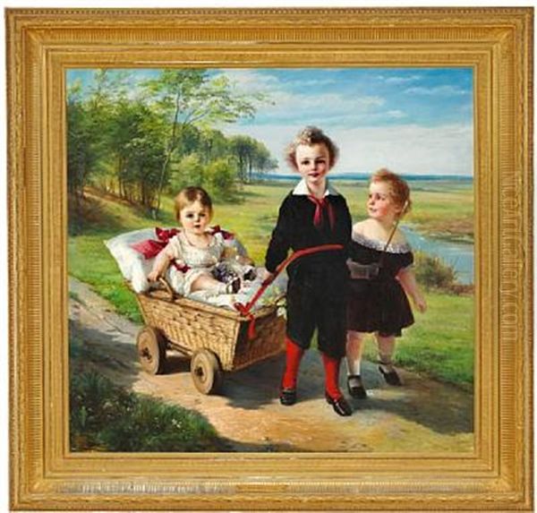 Three Children Belonging To The Treschow Family. Summer Landscape With Frederik, Harry And Katie by Elisabeth Anna Maria Jerichau-Baumann