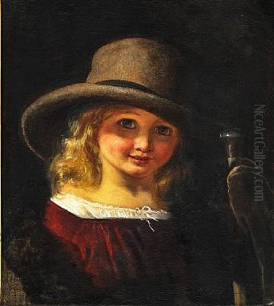 A Little Fair-haired Girl With A Large Hat And A Walking Stick Oil Painting by Elisabeth Anna Maria Jerichau-Baumann