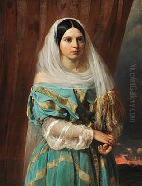 Dark-haired Beauty In A Turquoise Dress With Golden Ribbons. Around Her Head A Tulle Scarf With Golden Fringes Oil Painting by Elisabeth Anna Maria Jerichau-Baumann