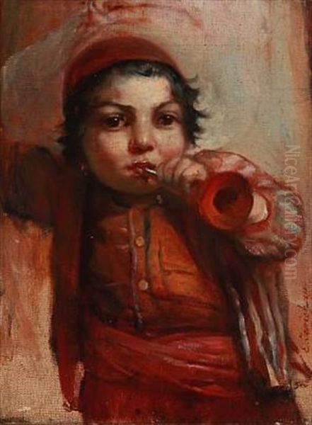 A Boy Playing A Wind Instrument. Study For A Larger Work Depicting Polish Refugees (study) Oil Painting by Elisabeth Anna Maria Jerichau-Baumann