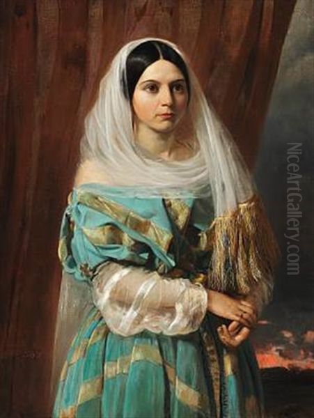 Dark-haired Beauty In A Turquoise Dress With Golden Ribbons Oil Painting by Elisabeth Anna Maria Jerichau-Baumann