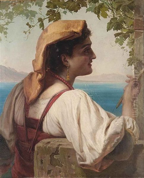 An Italian Maiden Mending Nets On The Bay Of Naples Oil Painting by Elisabeth Anna Maria Jerichau-Baumann