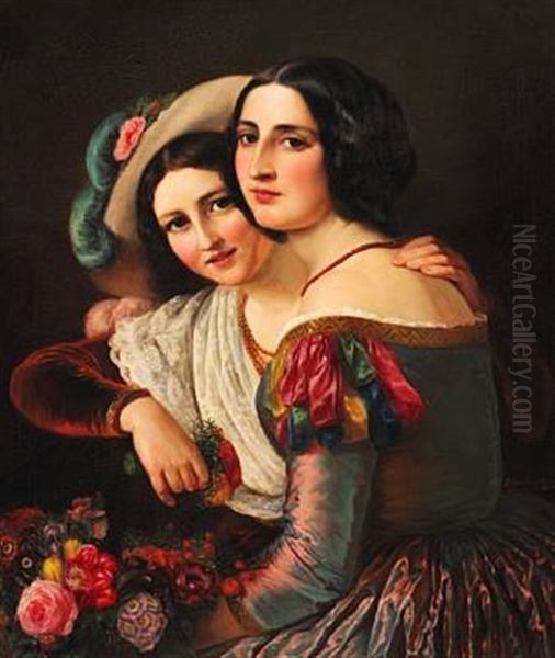 Two Young Italian Women Dressed In Colorful Gowns For The Carnival Oil Painting by Elisabeth Anna Maria Jerichau-Baumann