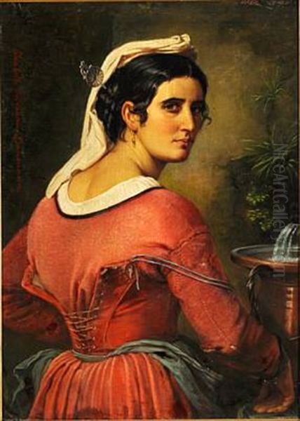 Young Italian Woman At A Small Fountain Oil Painting by Elisabeth Anna Maria Jerichau-Baumann