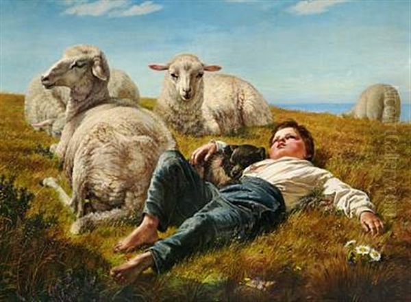 Danish Shepherd With Dog And Sheep Oil Painting by Elisabeth Anna Maria Jerichau-Baumann