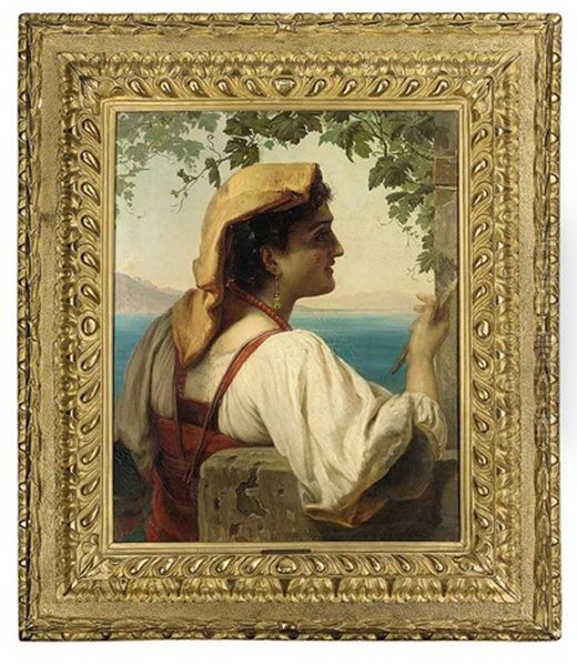 An Italian Maiden Mending Nets On The Bay Of Naples, Vesuvius Beyond Oil Painting by Elisabeth Anna Maria Jerichau-Baumann