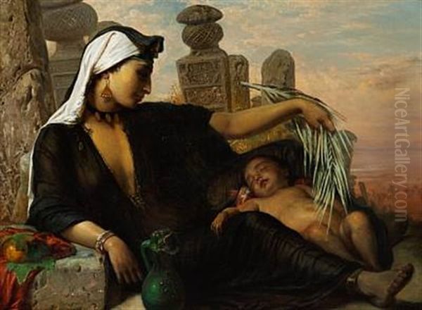 A Fellah Woman And Her Baby Oil Painting by Elisabeth Anna Maria Jerichau-Baumann