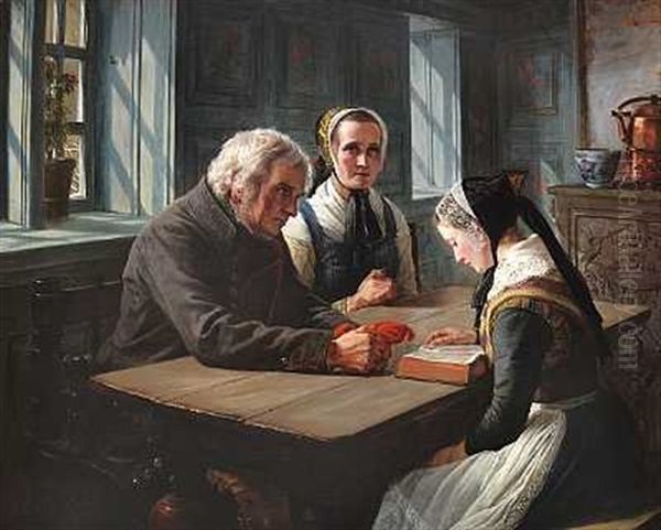 En Ung Pige Laeser Op Af Bibelen, Bedsteforaeldrene Lytter Andaegtigt Oil Painting by Elisabeth Anna Maria Jerichau-Baumann