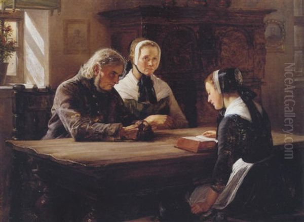 Ung Pige Laeser Op Fra Bibelen, Bedsteforaeldrene Lytter Andaegtigt Oil Painting by Elisabeth Anna Maria Jerichau-Baumann