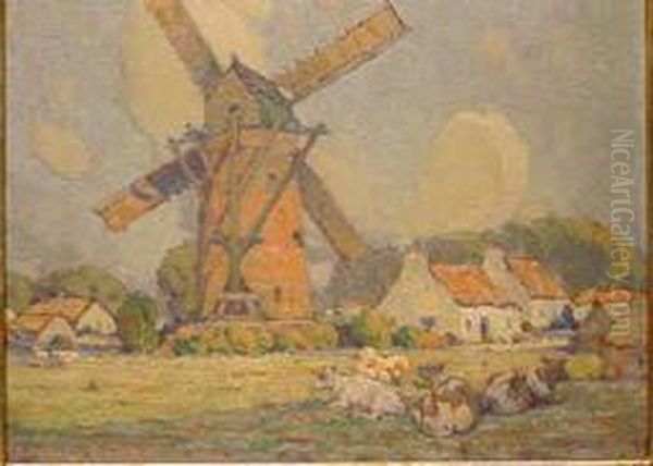 Cows Resting Beside A Windmill Oil Painting by Charles Basing