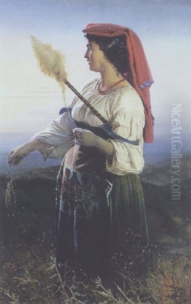 Italienerinde Med Handten Staende I Den Romerske Campagne Ved Solnedgangstide Oil Painting by Elisabeth Anna Maria Jerichau-Baumann