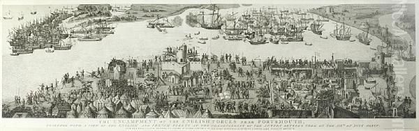 The Encampment Of The English Forces Nearportsmouth Together With A View Of The English And French Fleets Atthe Commencement Of The Action Between Them On The Xixth Julymdxlv Oil Painting by James Basire