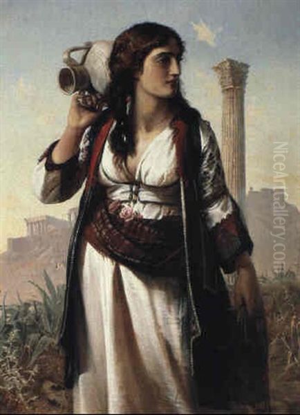 Greek Girl Standing Before The Acropolis Oil Painting by Elisabeth Anna Maria Jerichau-Baumann