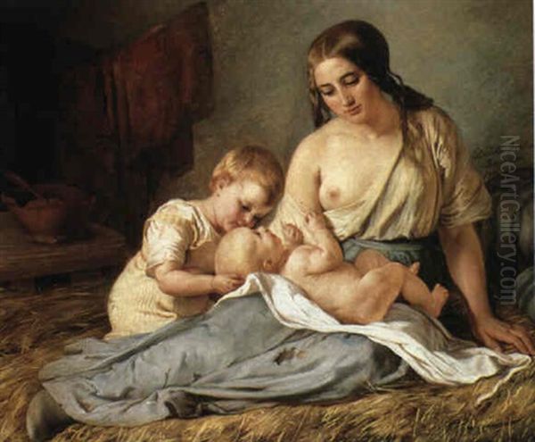 En Moder Med Blottet Bryst Siddende Med Sine To Born Oil Painting by Elisabeth Anna Maria Jerichau-Baumann