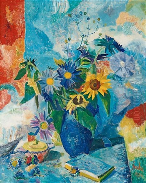 Still Life With Flowers In Blue Vase Oil Painting by Erik Jerken