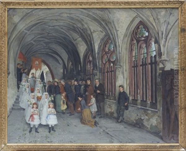 Katolsk Konfirmation Oil Painting by August Jernberg