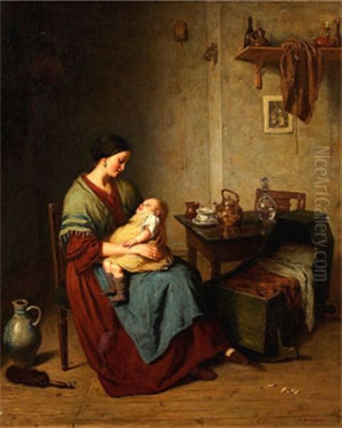 Interior Med Mor Och Barn Oil Painting by August Jernberg