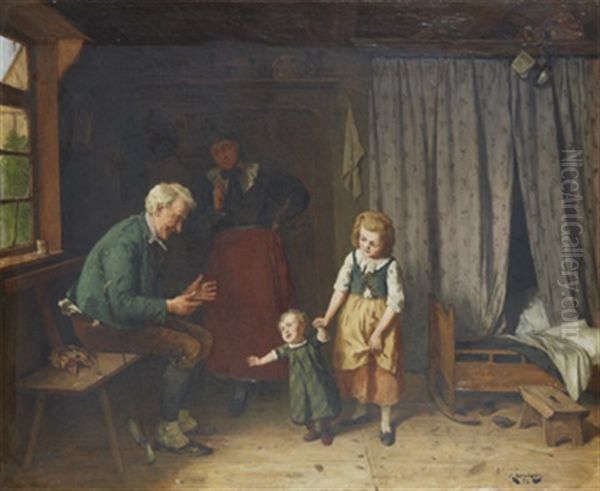 Stuginterior - Tre Generationer Oil Painting by August Jernberg