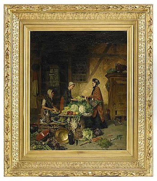 Interior Med Kvinnor Vid Koksbord Oil Painting by August Jernberg