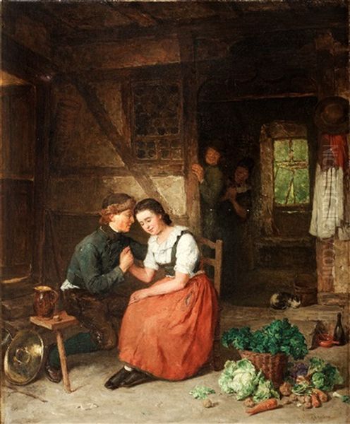 Allmogeinterior Med Kurtiserande Par Oil Painting by August Jernberg