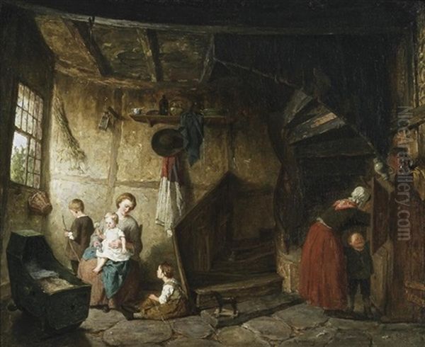 Im Bauerlichen Heim. Junge Mutter Mit Ihren Kindern Am Fenster Oil Painting by August Jernberg